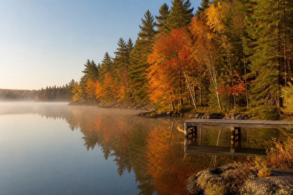 Amber and crimson autumn trees reflected in a misty Northwoods lake