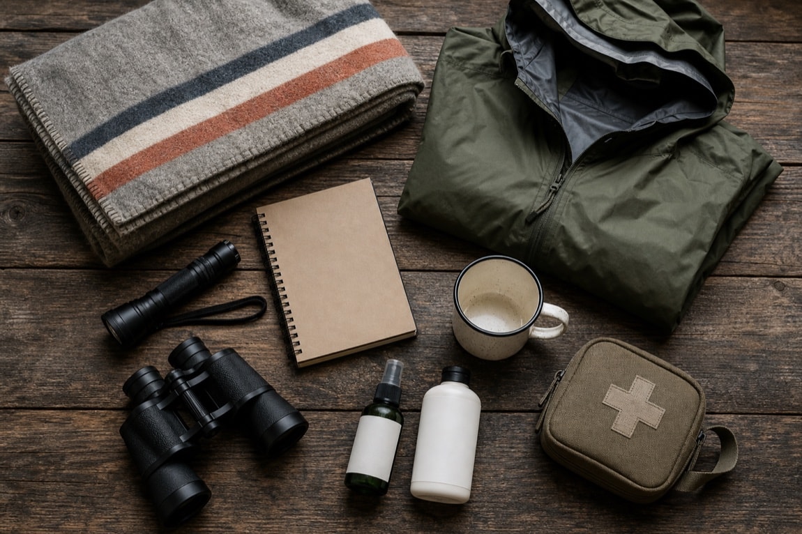 Blank notebook, rain shell, blanket, flashlight and cabin-trip supplies on a wooden table