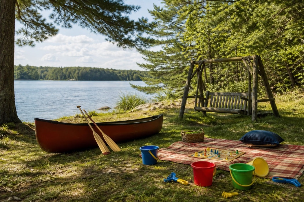 Canoe, picnic blanket, simple games and sand pails on a sunny lakeshore