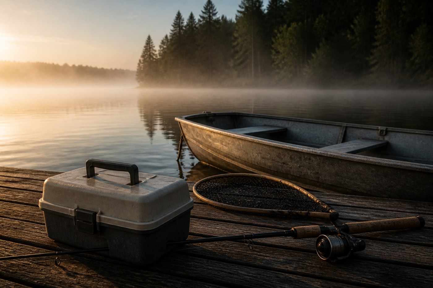 Fishing tackle, landing net and small aluminum boat on a misty lake dock