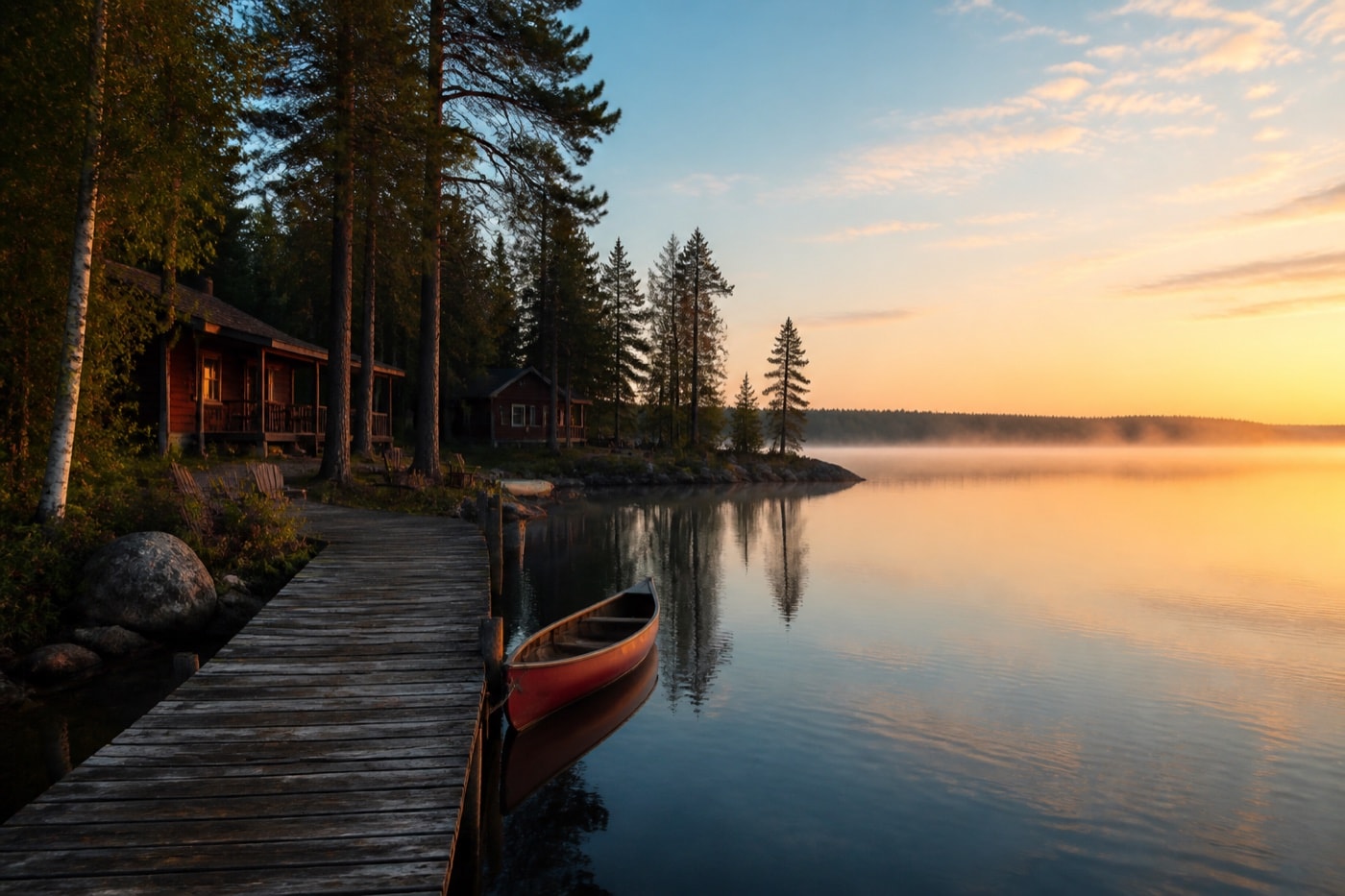 Quiet Northwoods lake and cedar cabins at sunrise